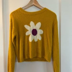 Super soft yellow sweater with flower, and leggings size 13-14.